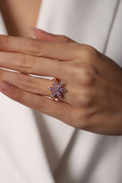 SUNSHINE 925 Ayar Rose Kaplamalı Lila Taşlı Çiçek Gümüş Yüzük