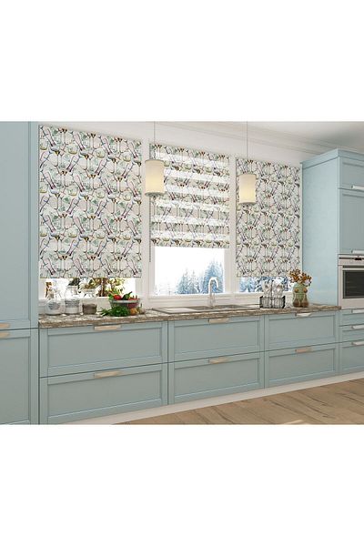 Turuncu Dizayn Green Champagne Wine Glasses Patterned Digital Printed Zebra Roller Blinds for Kitchen and Restaurant