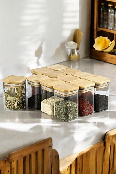 MadaMelya 6-Piece Bamboo Lid Square Thermal Spice Jar 6x8cm 6 Pieces Vacuumed Lid