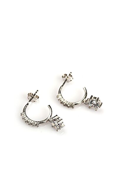 SUNSHINE 925 Ayar Rodyum Kaplamalı Beyaz Taşlı Sallantılı Halka Gümüş Küpe