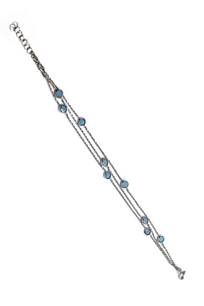 SUNSHINE 925 Ayar Turkuaz Taşlı Rodyum Renk 3 Zincirli Gümüş Bileklik