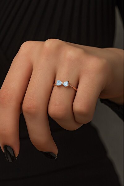 SUNSHINE 925 Ayar Rose Kaplamalı Buz Mavi Taşlı 2 Kalpli Gümüş Yüzük