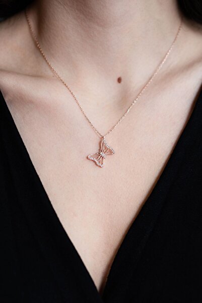 SUNSHINE 925 Ayar Rose Kaplamalı Beyaz Taşlı Kelebek Gümüş Kolye