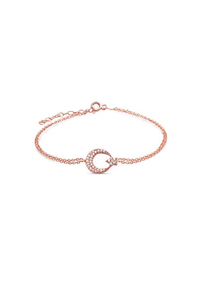 SUNSHINE 925 Ayar Rose Kaplamalı Beyaz Zirkon Taşlı Ay Yıldız Gümüş Bileklik