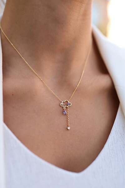 SUNSHINE 925 Ayar Gold Kaplamalı Mor Taşlı Bulut Gümüş Kolye