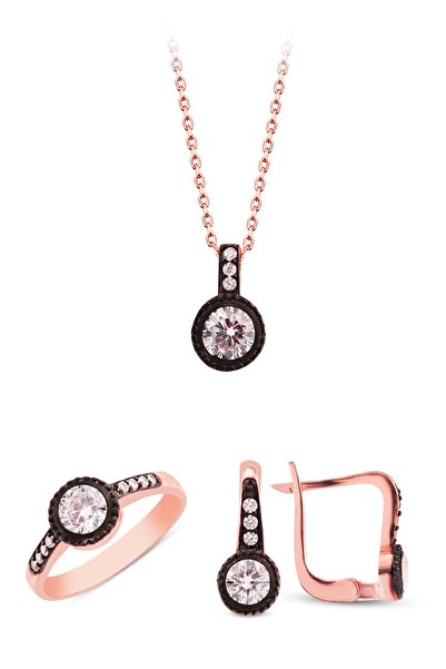 SUNSHINE 925 Ayar Rose Kaplamalı Elmas Montür Kolye-küpe-yüzük Gümüş Set