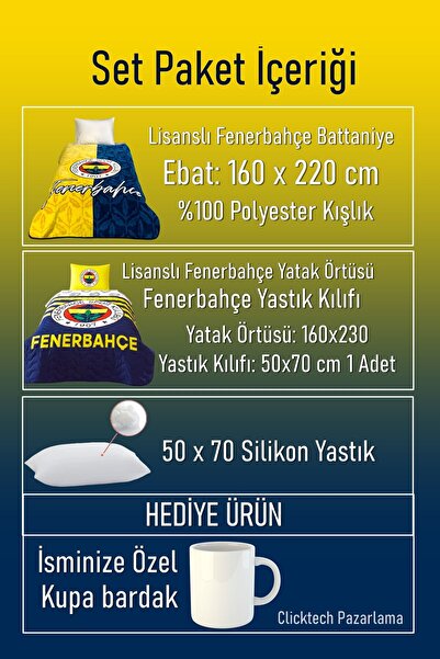 Taç Taç Fenerbahçe Battaniye + Yatak Örtüsü + Yastık Kılıfı + Yastık 4 Parça