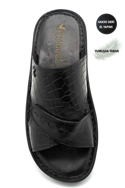 sermoda Genuine Real Leather Men's Slippers Lightweight Slippers Leather 3d Black