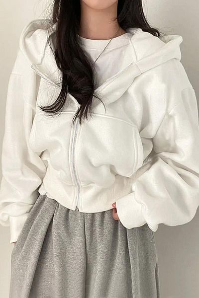 Oldeys Y2K Streetwear Zippered Long Sleeve White Crop Cardigan
