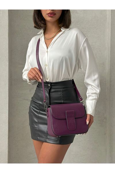 DERKON Purple Colored Miley Model Genuine Leather Crossbody Bag