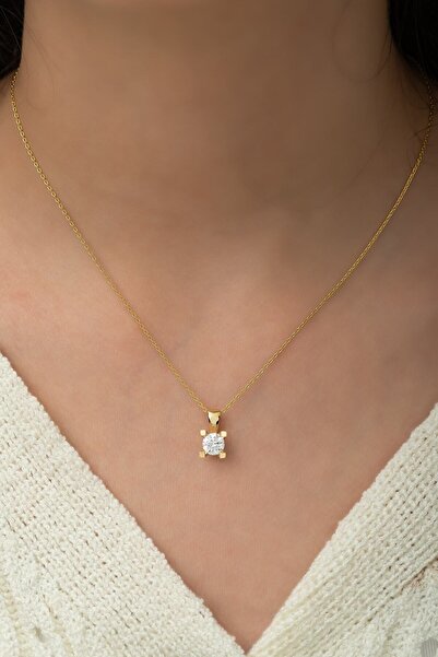 SUNSHINE 925 Ayar i Taşlı 4mm Tek Taş Gold Kaplamalı Gümüş Kolye