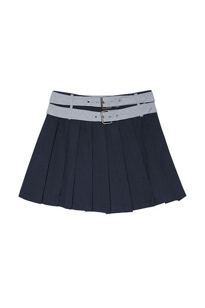 Quzu Navy Blue Double Belt Mini Slim Striped Skirt
