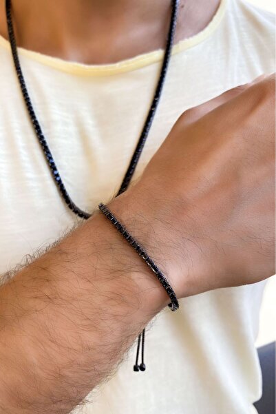 SUNSHINE 925 Ayar Black Rodyum Kaplamalı Siyah Baget Taşlı Asansör Ayarlamalı Su Yolu Erkek Gümüş Bileklik