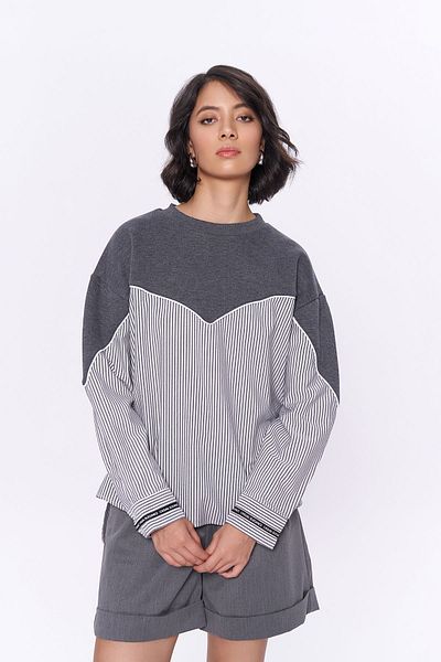 Quzu Gray Striped Oversize Sweatshirt