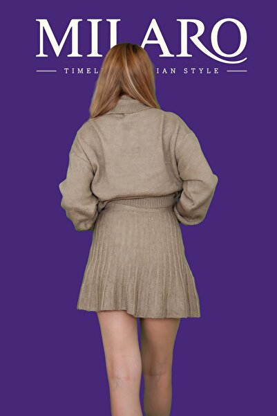 Butik Triko Kumaş Boğazlı Kazak ve Etek Takımı