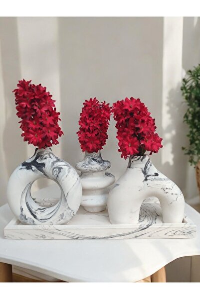 BSG HOME مجموعة مزهرية مزخرفة بنمط رخامي - ملحق مستطيل مع صينية صغيرة