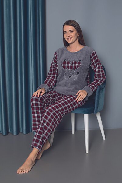 Moon Line Σετ γυναικεία φλις πιτζάμες με κέντημα "Love" - Καρό σχέδιο