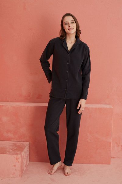 ELİTOL Smoke Colored Fleece Pajama Set - Plain Cut and Buttoned Front