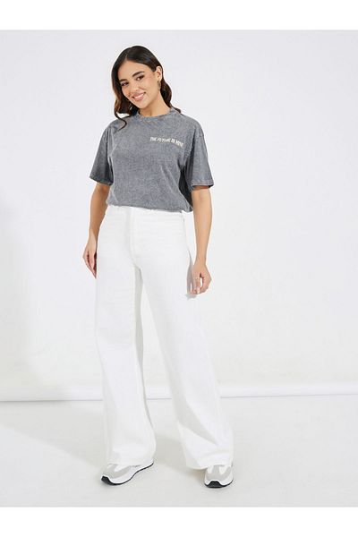 Styli Acid Wash Future Slogan T-Shirt with Dropped Shoulder