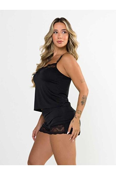 Rose Alexandra Kadın Siyah Dantel Detaylı İnce Askılı Şhortlu Takım