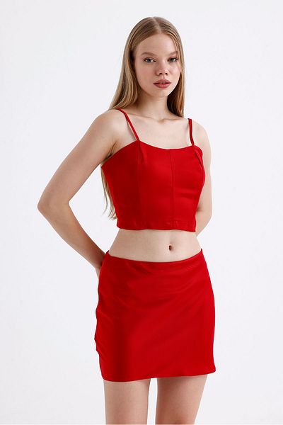 Sense Red Satin Mini Skirt - Elastic Waist |   Etk35774