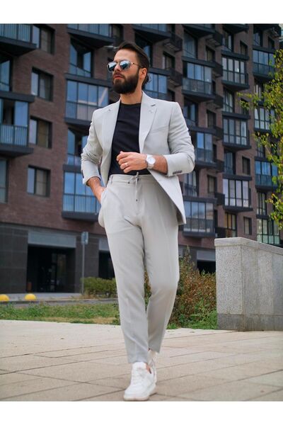 Salihtarzz Takım Elbise İtalyan Kesim Gofre İpli SlimFit Taş SD41038