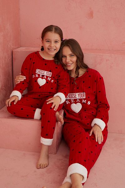 ELİTOL Red Dreams Heart Patterned Crew Neck Plush Fleece Pajama Set