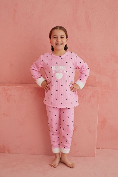 ELİTOL Pembe Dreams Kalp Desenli Bisiklet Yaka Peluş Polar Pijama Takım
