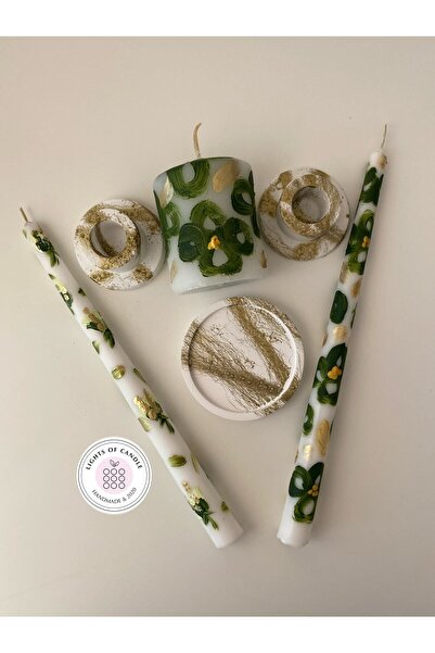 lıghts of candle handmade & 2020 6’lı Yeşil Çiçek Desenli El Boyaması ve Gold...