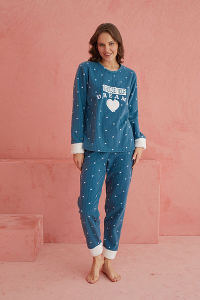 ELİTOL Green Dreams – Pyjama-Set aus Plüsch-Fleece mit Herzmuster und Rundhalsausschnitt