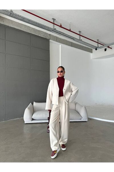 Zey Studio Women's Ecru Gray V-Neck Double Button Detailed Stamp Jacket