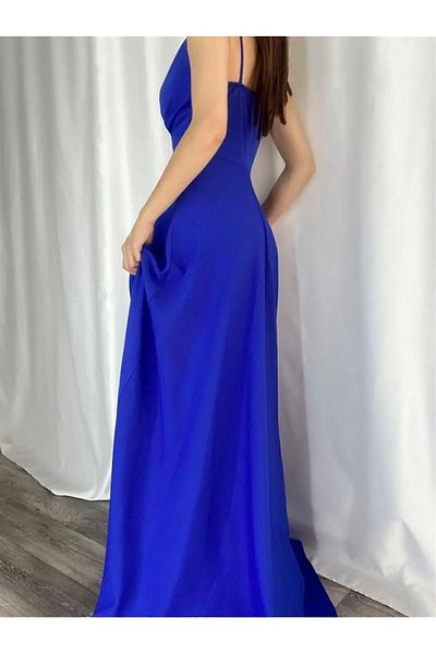 LACASE Βραδινό φόρεμα Saks Blue Crepe Fabric με λεπτομέρεια με σκίσιμο