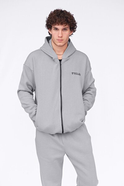 Vatkalimon سترة رياضية رمادية كبيرة الحجم بسحاب وغطاء للرأس