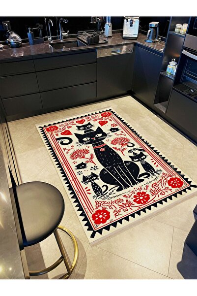 Rugs Modern Halı İnci Koleksiyonu Siyah Kedi Desenli Dokuma Taban Modern Deko...