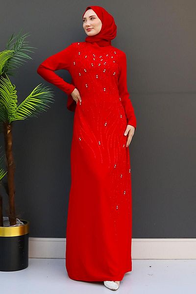 GİZ AGİYİM Red Begum Dress with Stone Detail