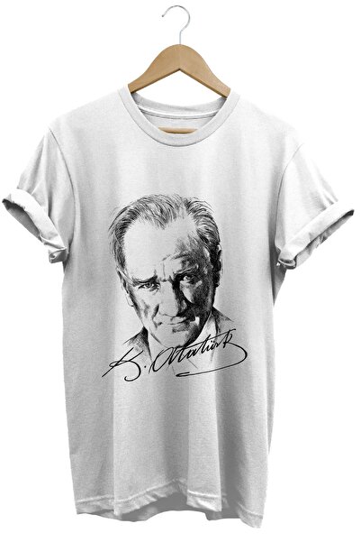 The Baski 29 octombrie Tricou alb premium cu semnătură portret Ataturk imprim...