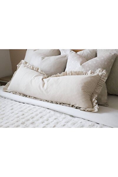 shules collection Pernă Scandinavă Lungă Vintage Bej în dungi - Pernă umplută cu volane 40x100