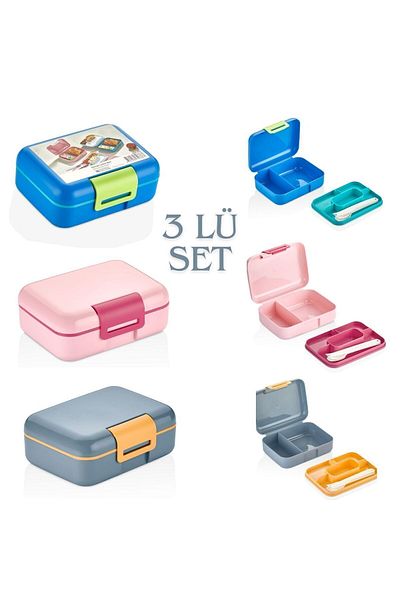 Tanemce 3 Pieces Design Lunch Box with Self Spoon and 5 Compartments and 2 Layers