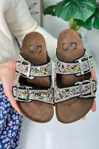Nstil Daily Women's Black Slippers Double Buckle Pebble Stone Oval Toe Cork Sole Low Heels 1792