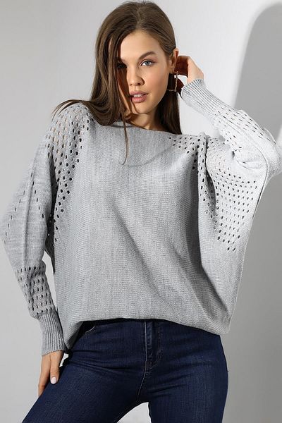 Devinka Pulover de damă, gri oversize, ajurat, tricotaj casual