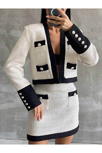 manana fashion Set de fuste jachete scurte din tweed cu dungi negre cu nasturi