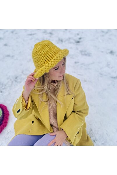 Flux Design Factory El Örgüsü Merino Sarı Bucket Kadın Şapkası
