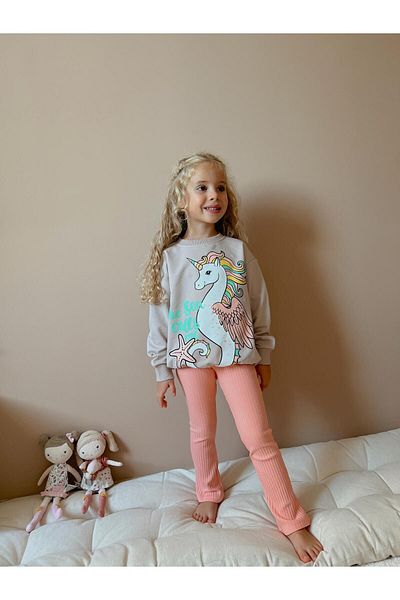 YİGİT BUTİK Yigit Boutique Unicorn Printed Girl's Set with Spanish Leg Leggings