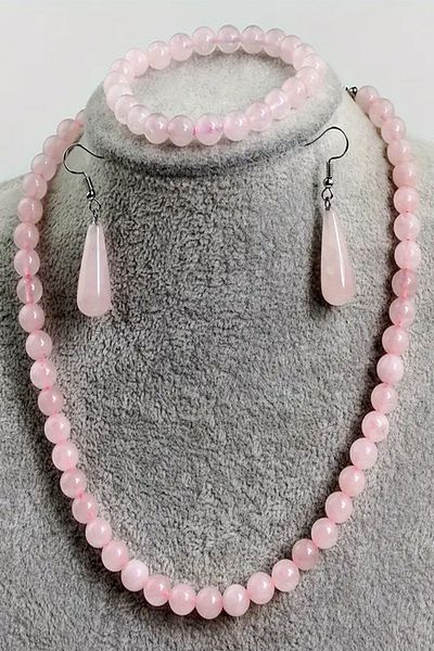 NehirTaş Certified Original Natural Pink Quartz Necklace Bracelet Earring Set