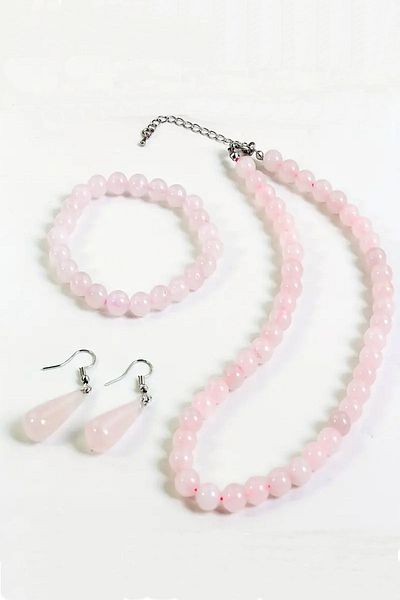 NehirTaş Certified Original Natural Pink Quartz Necklace Bracelet Earring Set