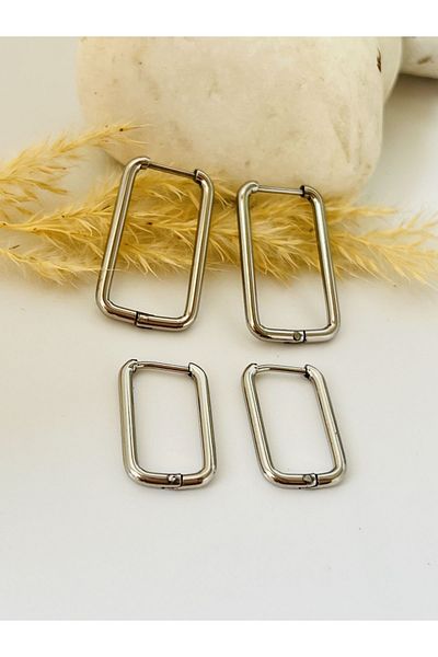 KOALA COMPANY Set of Two Steel Silver Color Rectangular Earrings 2 and 2.5 Cm 2 Pairs