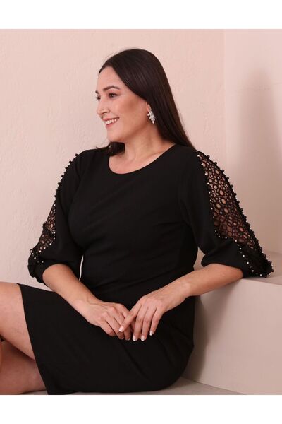 For Big Trend Women's Plus Size Sleeve Pearl Low-cut Detail Pencil Cut Flexible Midi Length Woven Evening Dress