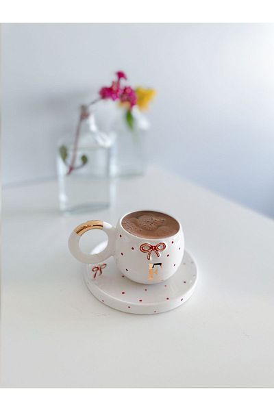 Mugtasarım 24 K Gold Gilded Red Double Turkish Coffee Cup - Letter E