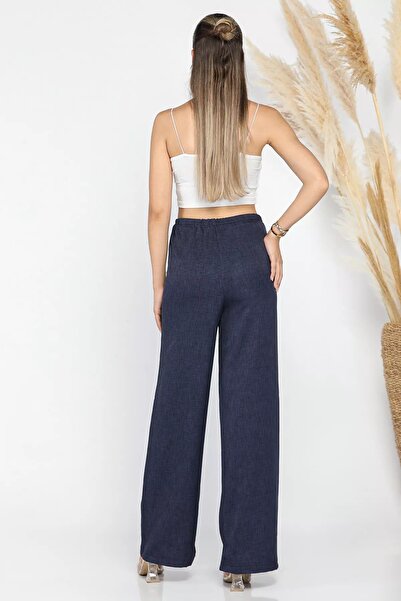 GÜLSELİ Women's Navy Blue Wide Leg Elastic Waist Trousers