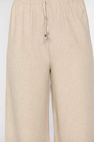 GÜLSELİ Beige Wide Leg Elastic Waist Women's Trousers